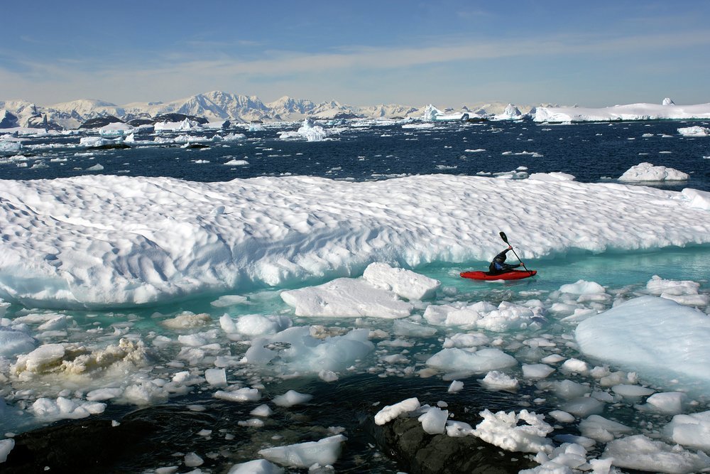 Kayak down the narrow streams between icebergs and glaciers