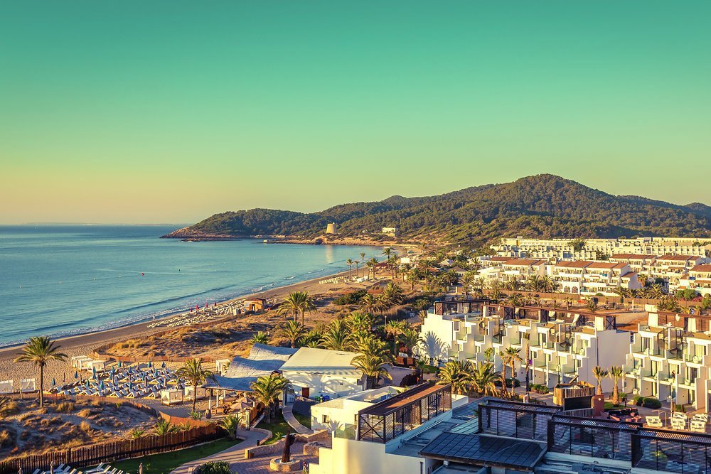 Platja d'en Bossa is home to superclub Hï and many beach nightclubs like Ushuaia. This is the view south from Hard Rock Hotel