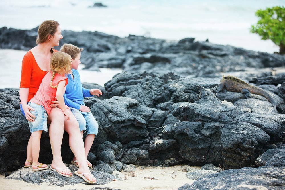Children will be fascinated by wildlife unique to these islands, like this marine iguana scrambling over the lava