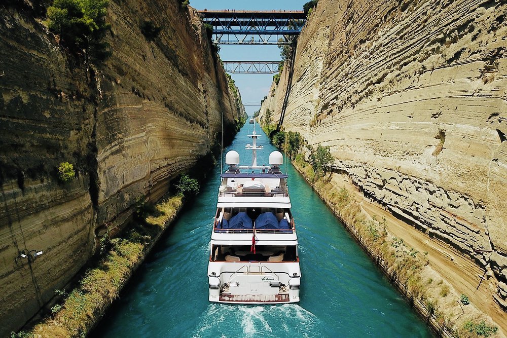 The 6.4km (4 mile) Corinth Canal links the Aegean and Ionian Seas, saving a journey around the Peloponnese peninsula