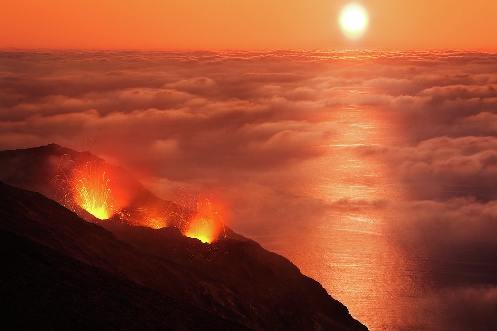 The volcanic Aeolian Islands are still active, like Stromboli, seen here