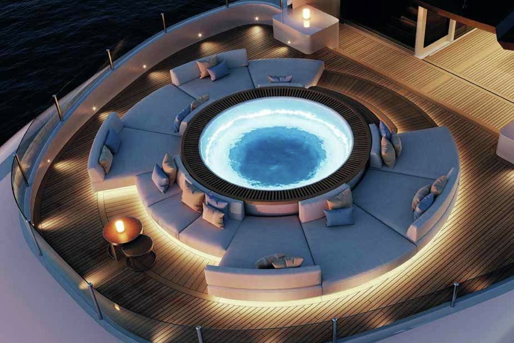 The jacuzzi is forward on the large sun deck