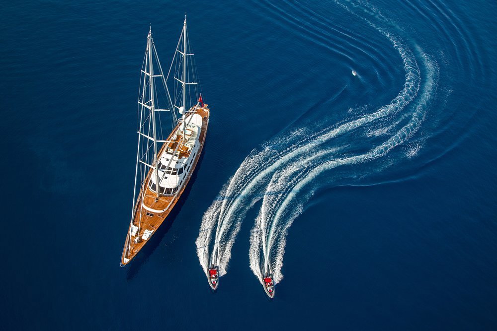 Stowed on the foredeck on passage, two tenders help guests explore ashore and have fun on the water
