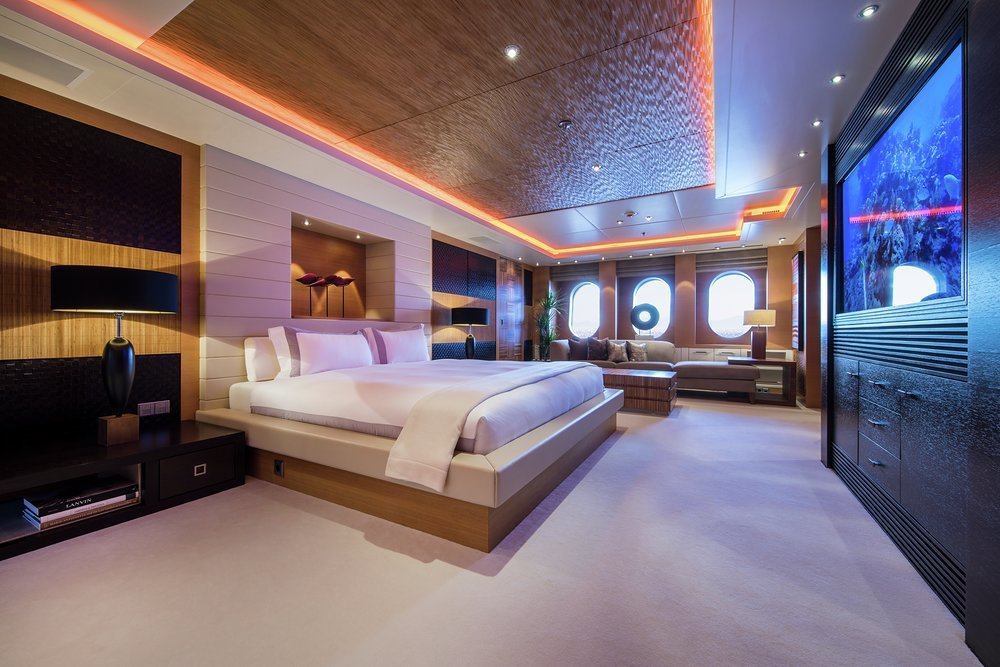 The full-beam owner's suite is forward on the main deck