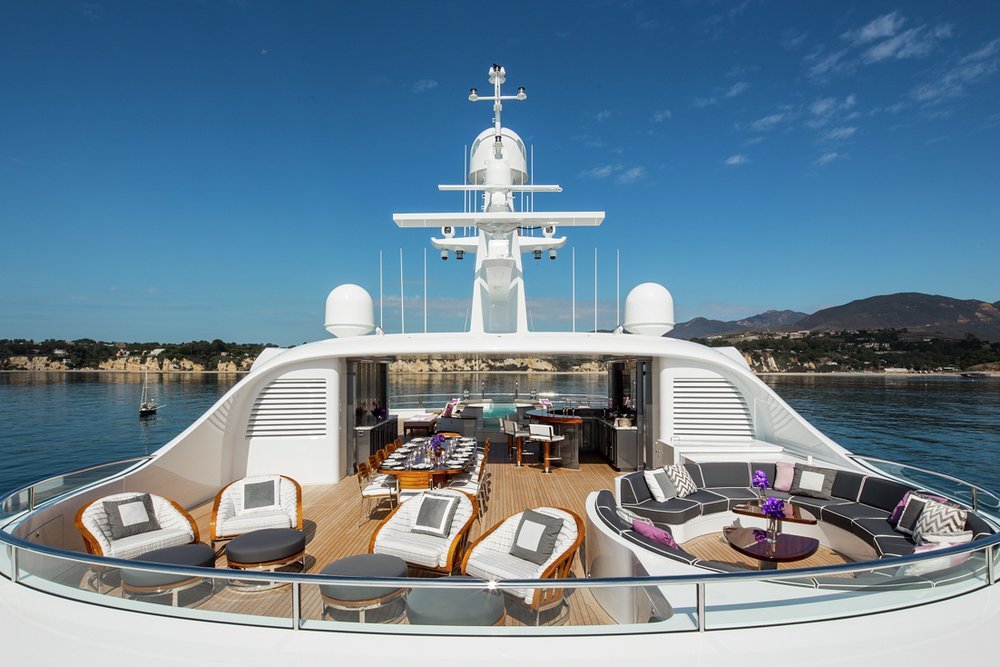The huge sun deck various lounge areas, open-air dining, a wet bar and a glass-fronted jacuzzi