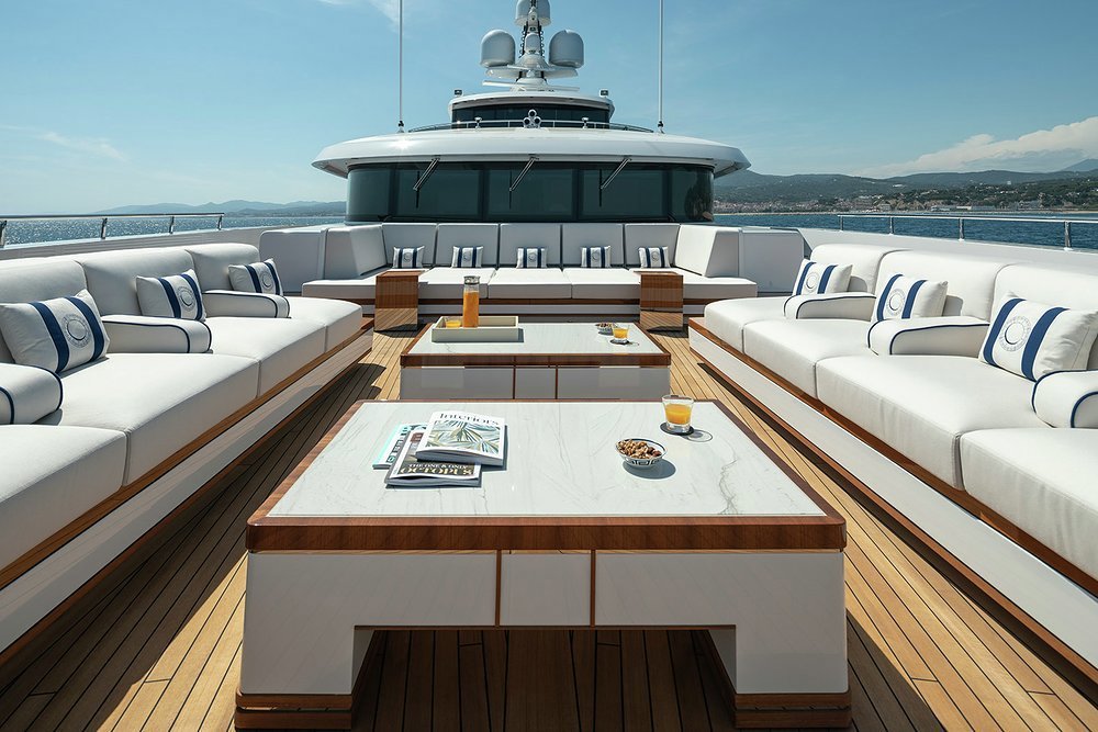 The foredeck lounge is a genuine entertaining space