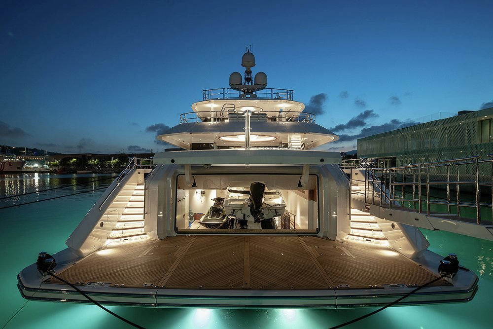 Her 8.3m (27.2ft) Boston Whaler tender stows in the transom and there are two more behind shell doors forward on the main deck