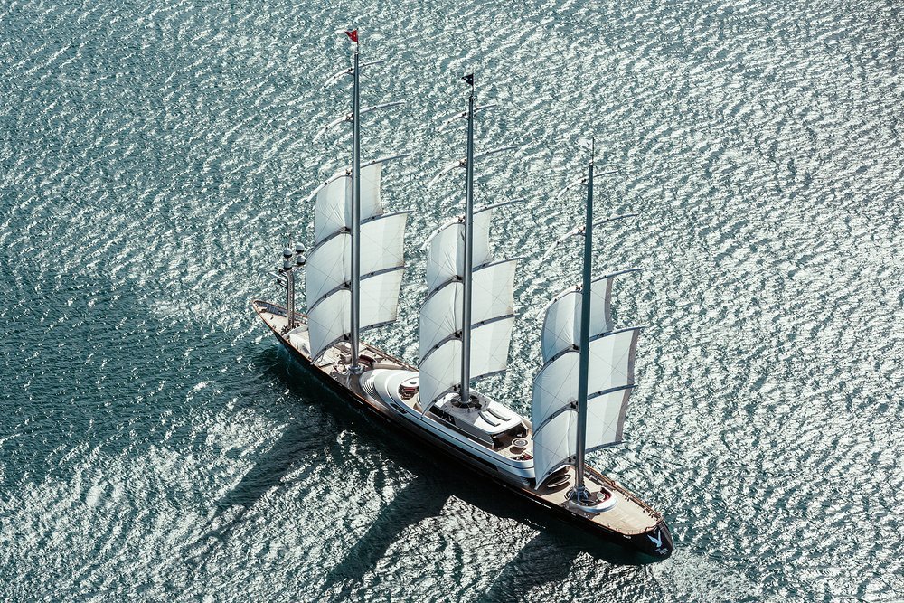 MALTESE FALCON's sail area is furled in the mast and hauled out along the yards by winches