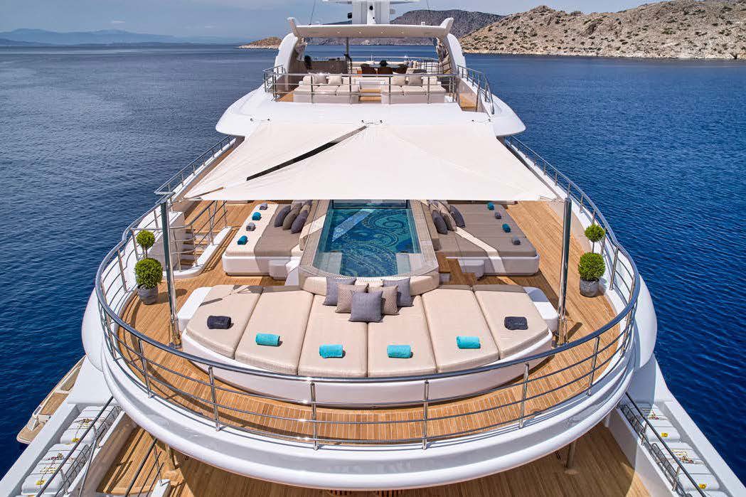 The large glass fronted pool on the bridge deck aft overlooked by a dedicated gym inside