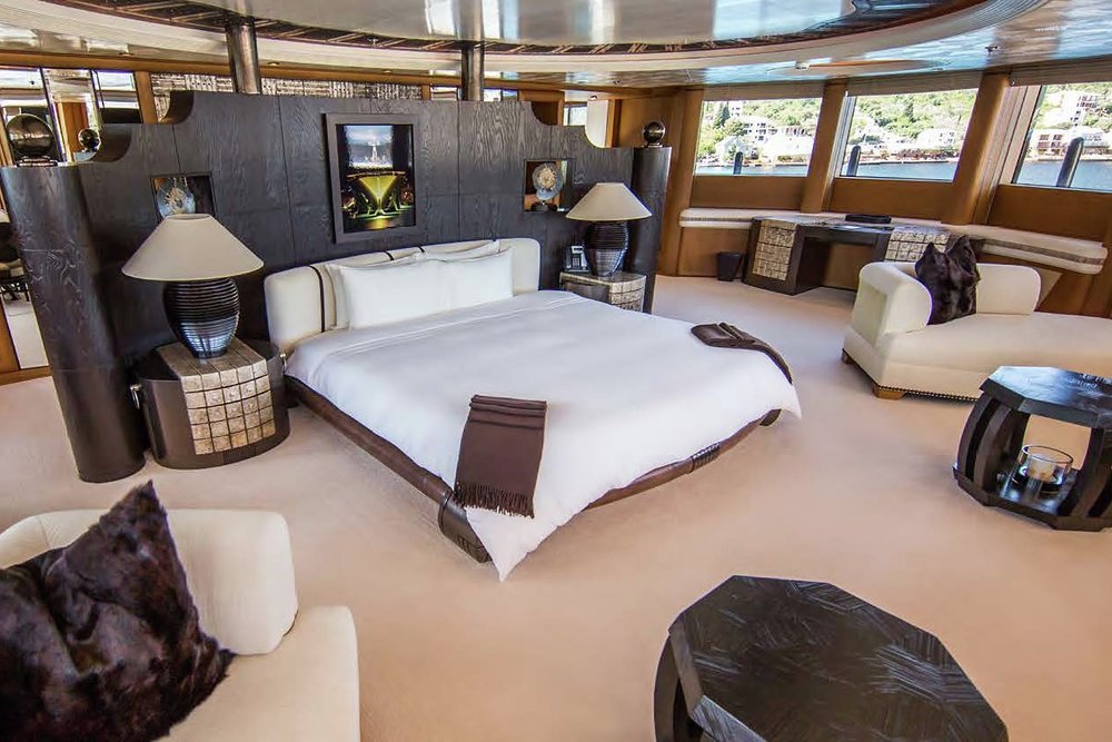 The owner's bedroom suite is forward on a private deck