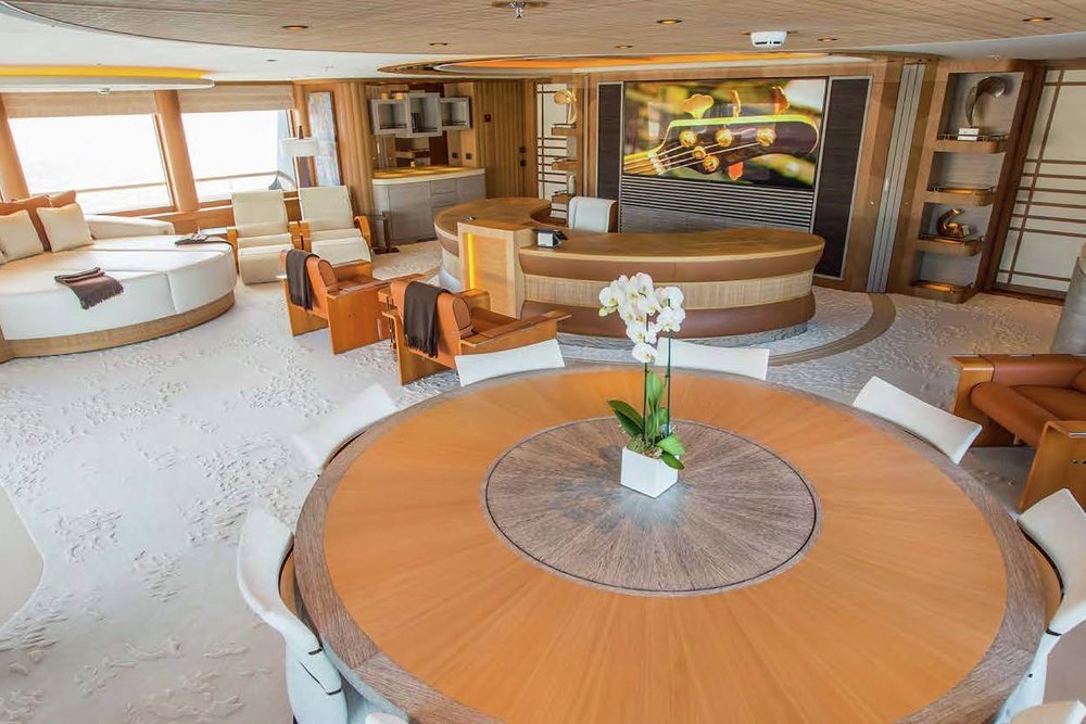 The owner's private office. Curved screens revolve around the desk for privacy