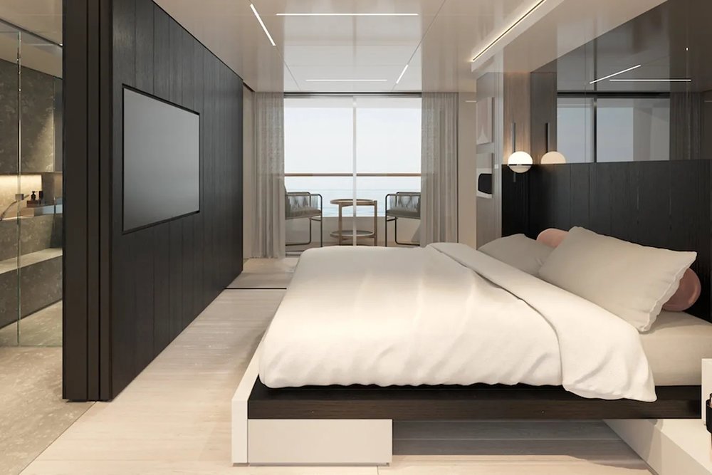 The full-beam owner's suite on the main deck has a private balcony