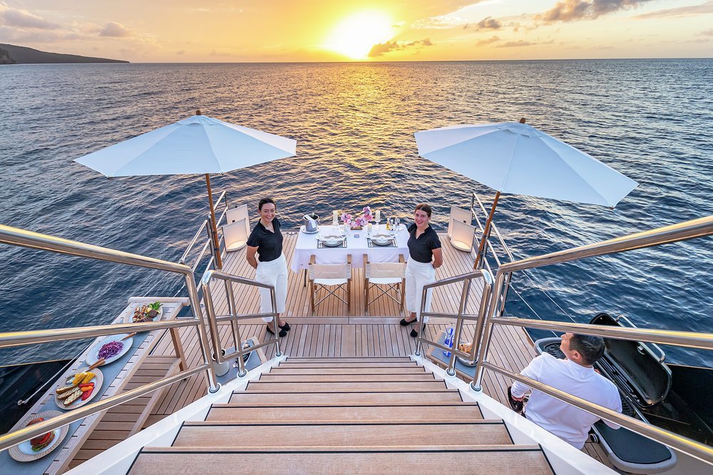 At anchor the swim platform makes for easy access to the water and it's a great place for an intimate chef's table experience at sunset