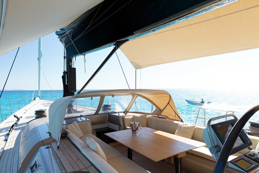 The line-free guest cockpit can be used underway or at anchor and the sprayhood and bimini are both removable