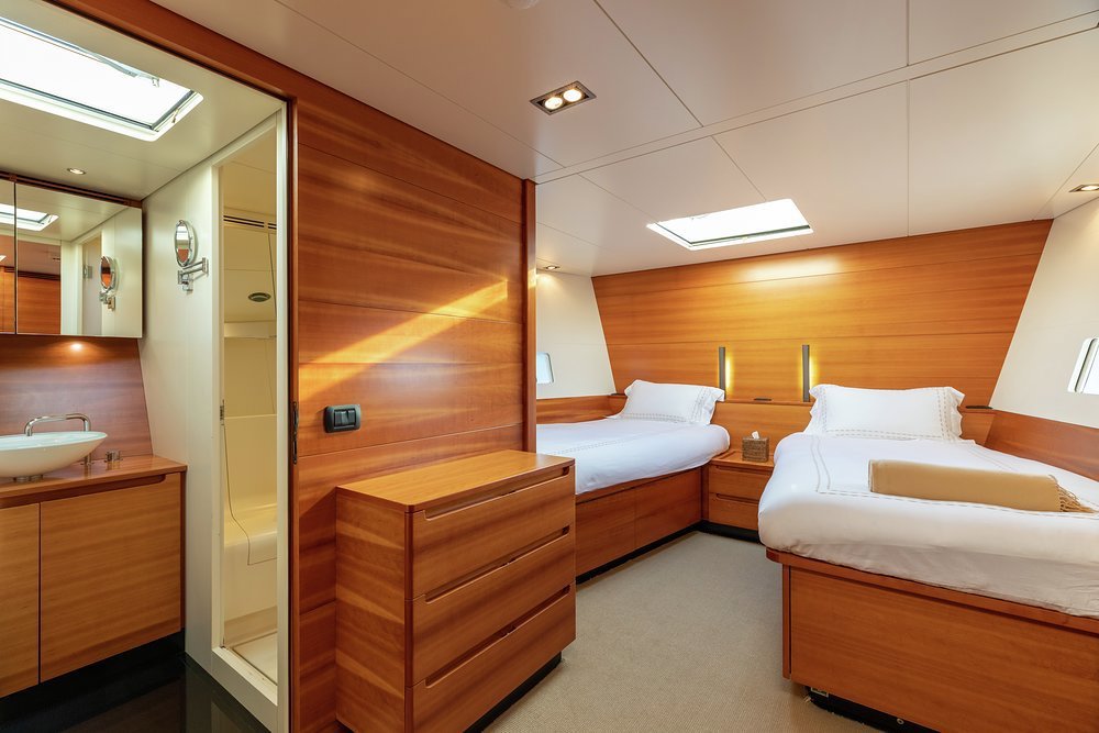 The owner's suite in the forecabin, with two outsize singles that can convert into a huge double