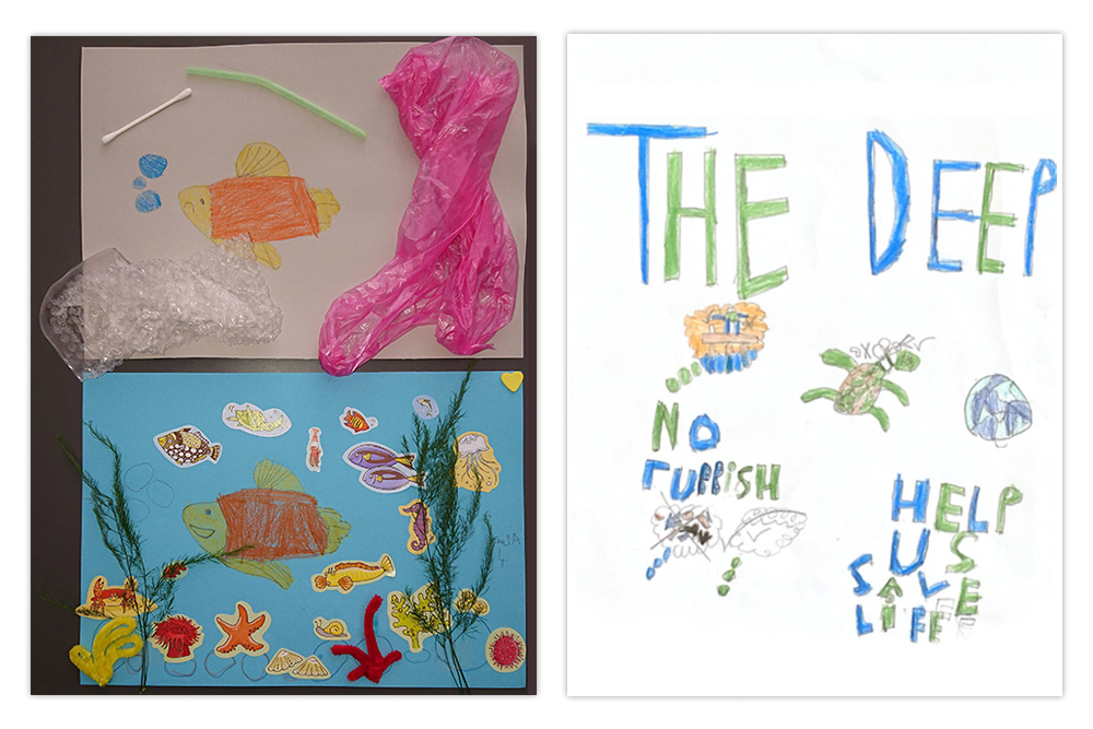 (L-R) 'Sad fish, happy fish' by Talia Betti (aged 4.5) and Torben Allen (aged 8)