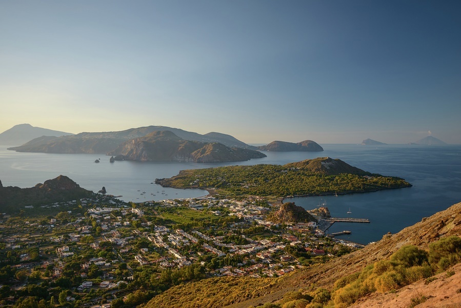 From the summit of Vulcano, the Aeolian islands of Lipari then Salina are visible on the left, with Panarea and the brooding magnificence of Stromboli on the horizon to the right