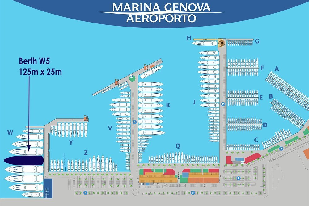 Berth W5 has a length of 125m (410.1ft) and includes 10 parking spaces and five garages. Its 32 year lease is available for an asking price of EUR 10,000,000 (VAT paid)