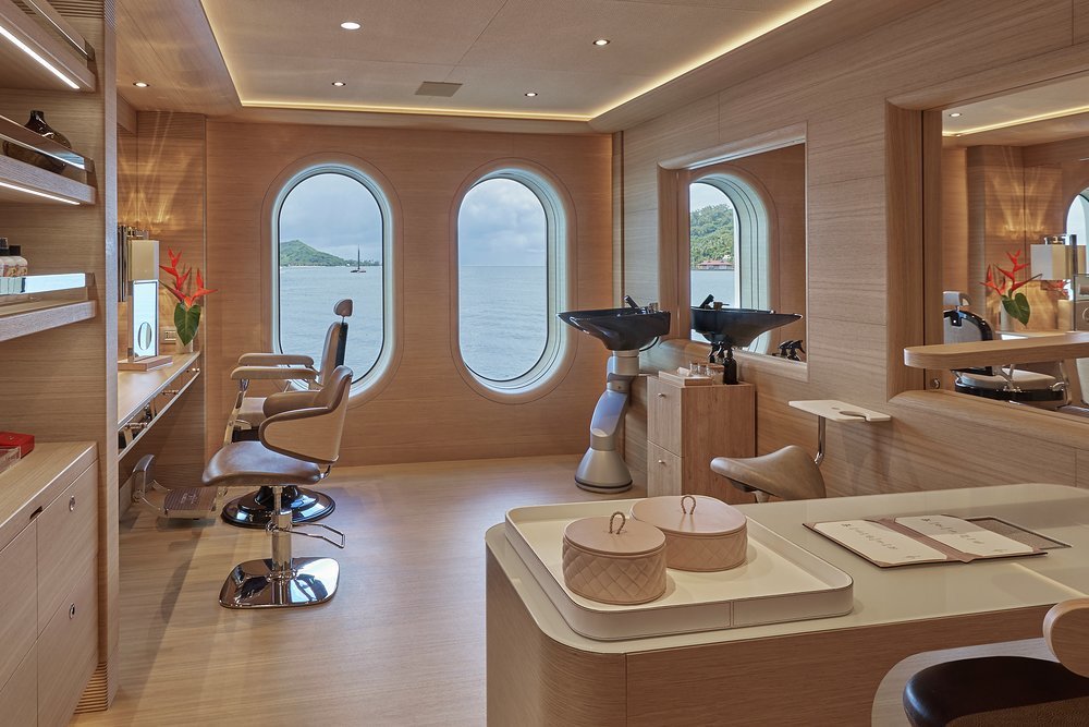 The main deck has a massage room, a hair salon and treatment room