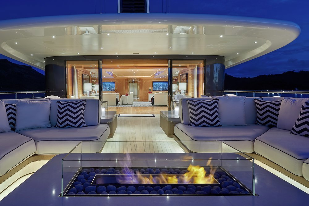 A mesmerising firepit is the focus of the lounge outside the bridge deck games room