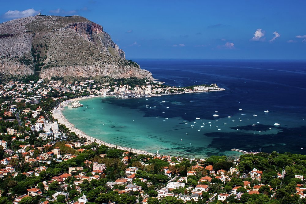 The view northwest across Mondello beach towards the Capo Gallo nature reserve
