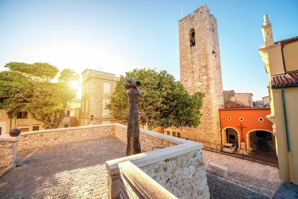 A Joan Miro sculpture stands over central Antibes