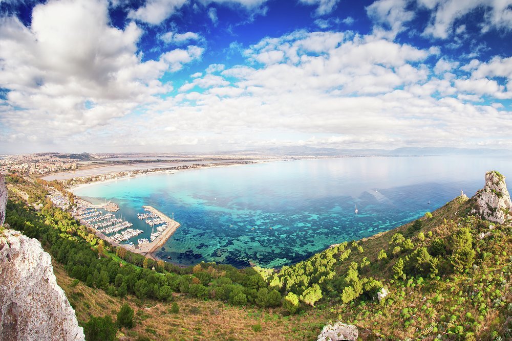 Looking northeast over Cagliari's Marina Piccola and Sella del Diavolo, the Devil's Saddle