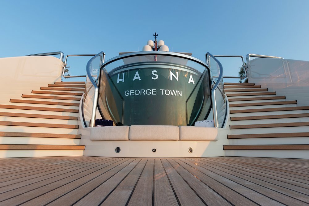 HASNA's trademark infinity pool with its curved glass aft end