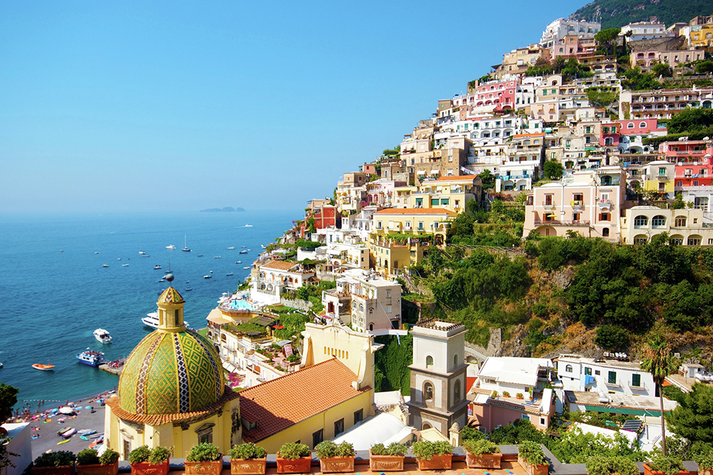 Beautiful views of Positano's Church of St Mary of the Assumption from the terrace of La Sirenuse
